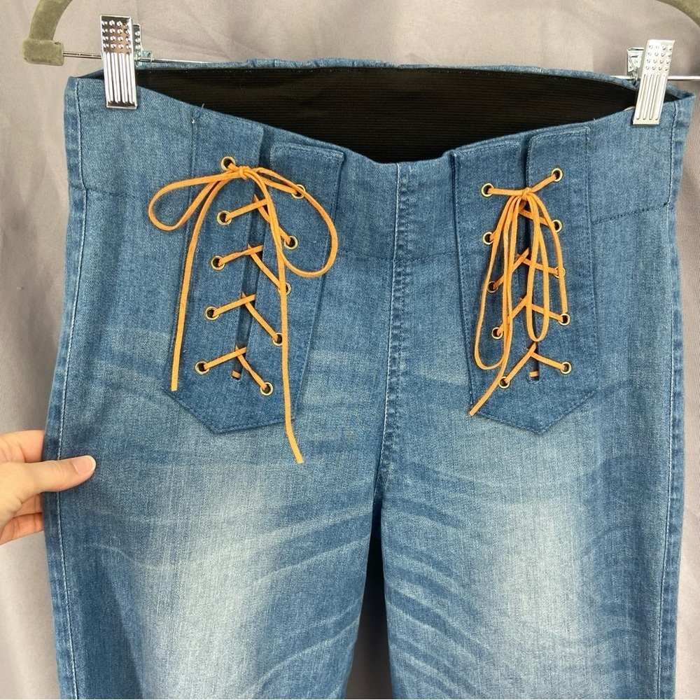 Judith March High Rise Lace Up Front Stretch Flare Bell Bottom Denim Jeans - Picture 3 of 8